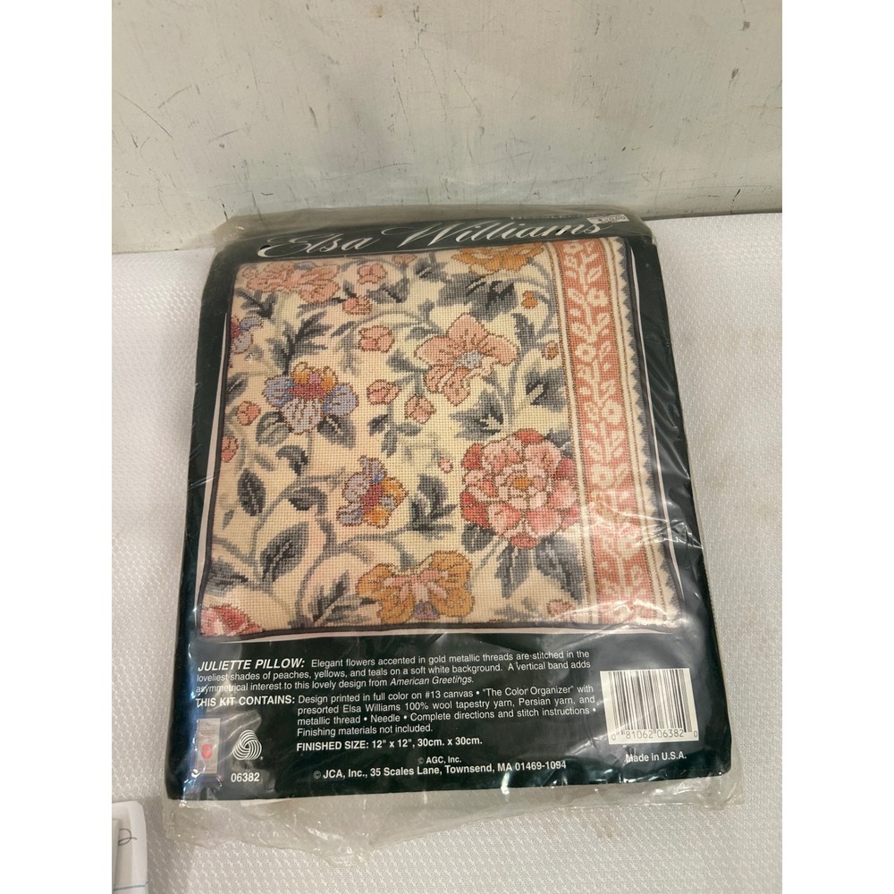 Elsa Williams Juliette Pillow Kit 12x12 Peach Floral Needlepoint Gold Metallic